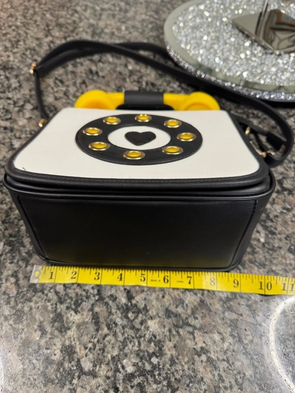 Bam Forever Retro White and Black Crossbody Bag with Yellow Handset Accent EUC
